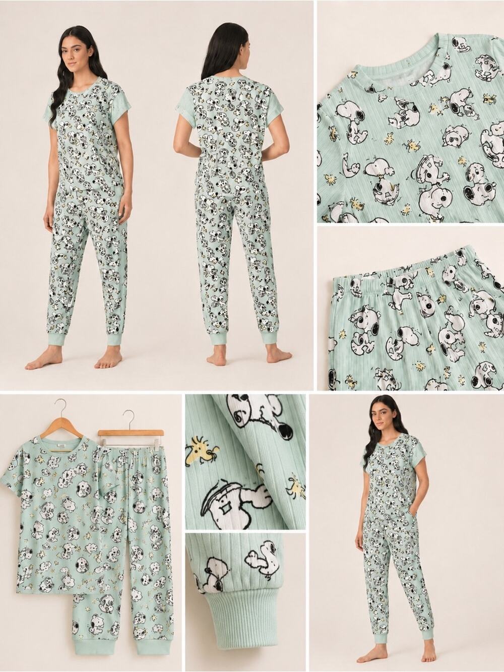 Peanuts Snoopy Ribbed Pajama Set NWT Size Small Mint Green Jogger Sleepwear